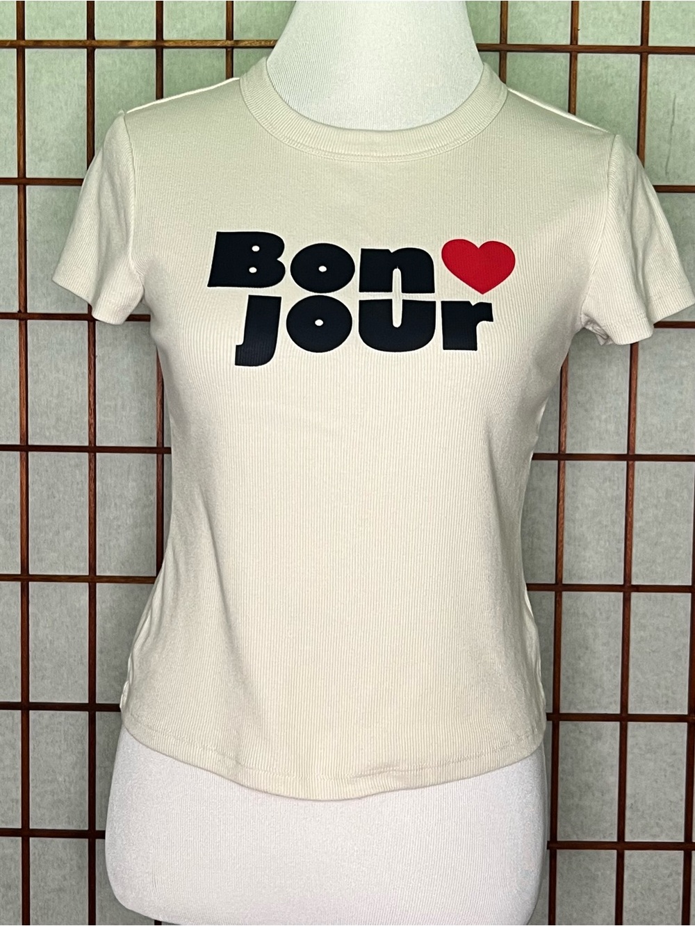 Old Navy Cream 'Bonjour' Graphic Tee with Red Heart